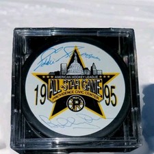 BOBBY ORR HOF & EDDIE GIACOMIN DUAL SIGNED VINTAGE AHL ALL STAR GAME PUCK NO COA
