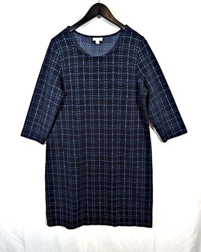 J Jill Boxy Fit Size M Navy Grid Pattern Knit Dress Shift Preppy Stretch Midi - 第 1/8 張圖片