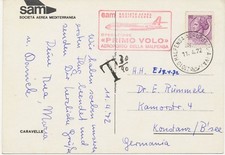 ITALY 1972 Italia turrita 25L VF postcard FIRST FLIGHT SAM Societa Aerea Mediter