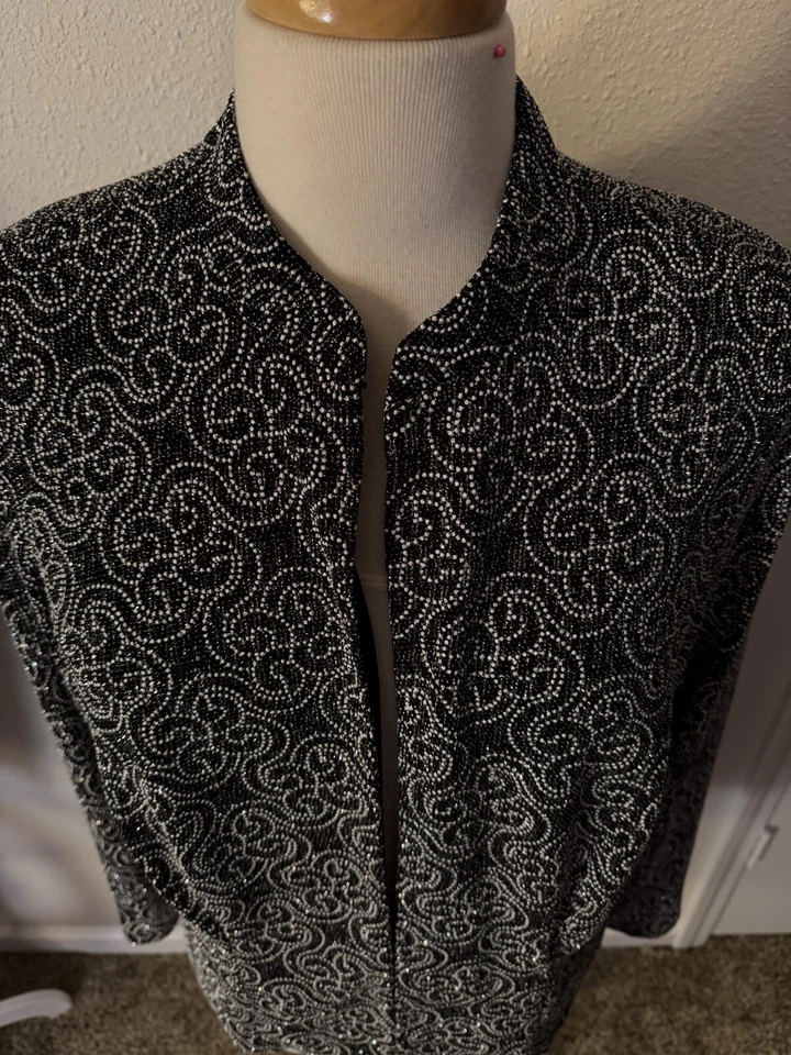 Jessica Howard 18W Black/White Stretch Shimmery Open Front Blazer Jacket Lg SLV - Image 2 of 4