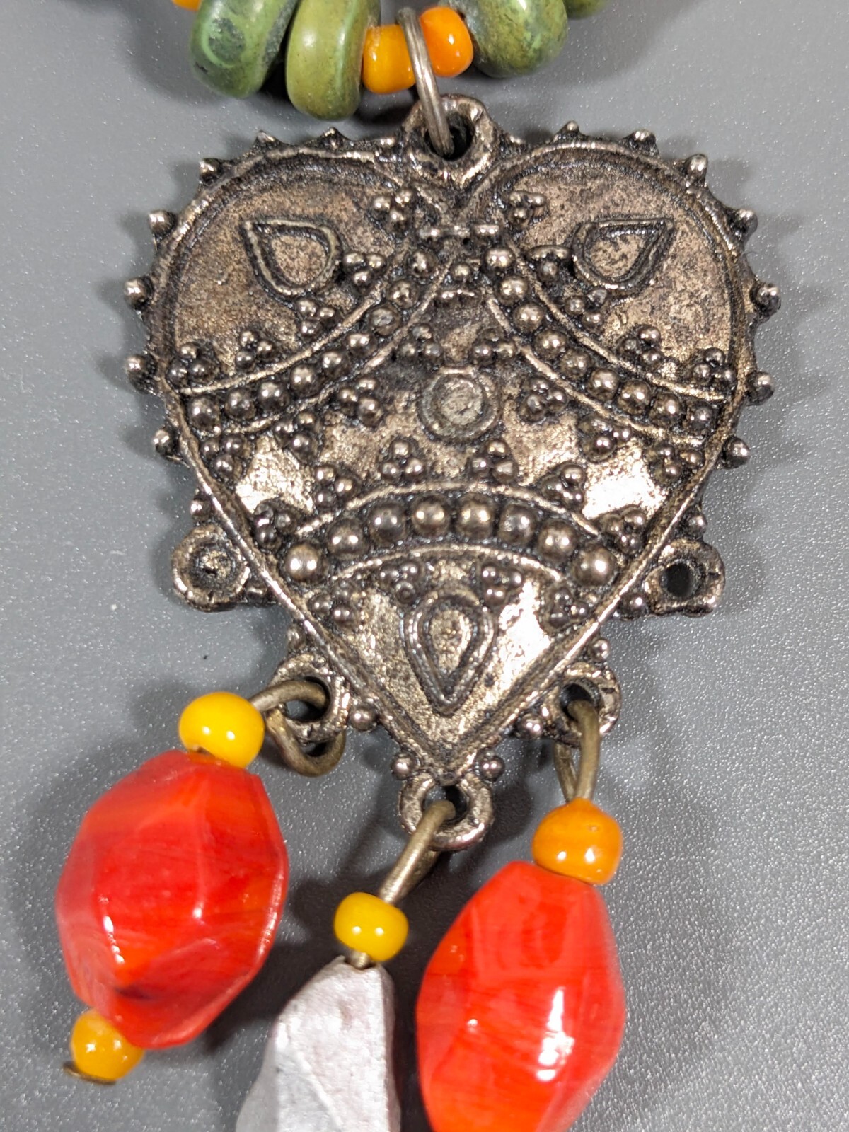 Beachy Coastal Tribal Orange Green Heart Charm Beaded Necklace 17 inch