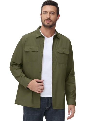 Men's Cargo Work Shirt Outdoor Hiking Casual Long Sleeve Button Up Fishing Shirt - Picture 16 of 68