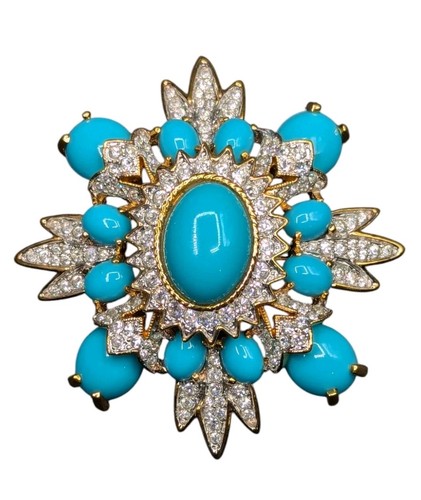 Broche Cruz Maltesa Dorada Estrás Cristal Turquesa Imitación KJL Kenneth Jay Lane - Imagen 12 de 12