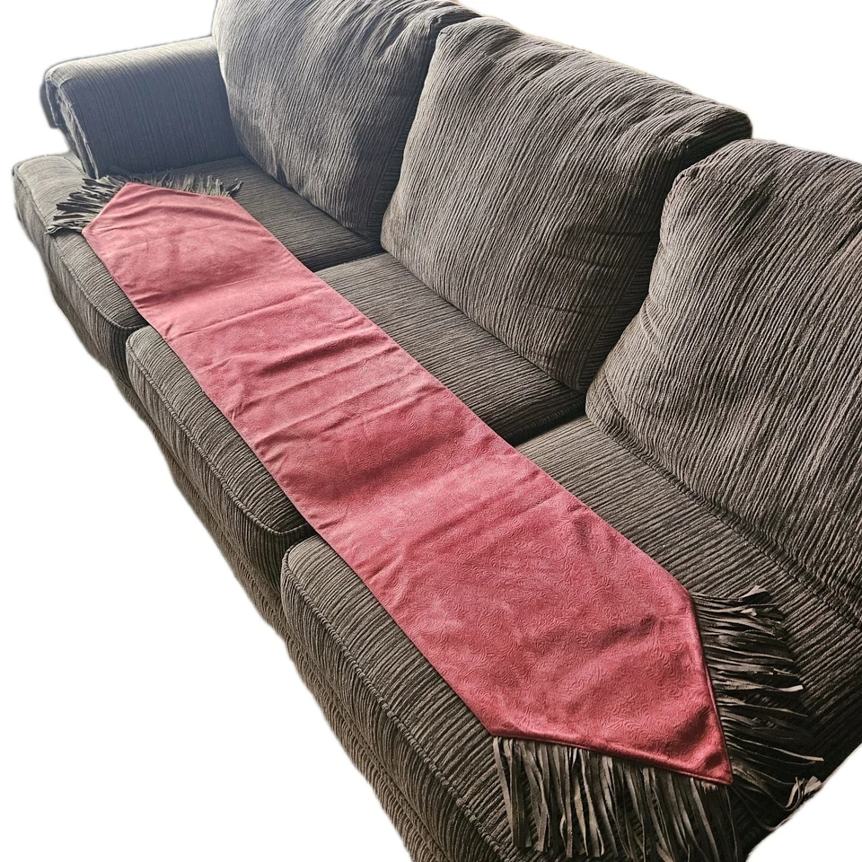 VTG Western Faux Suede Table Runner Embossed Fringe Reversible Red Brown 78x14" - Image 2 of 4