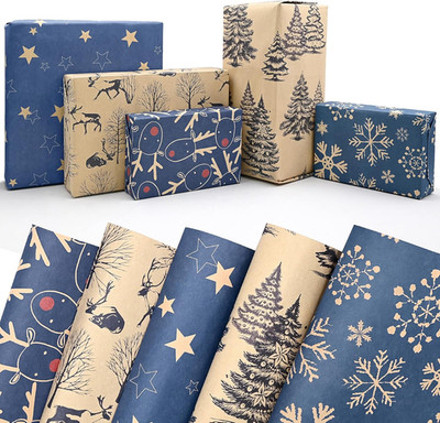 5 Blatt Geschenkpapier Weihnachten Kraftpapier, 50 x 70 cm recycelbar Geschenkpapier 