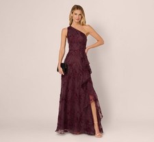 Adrianna Papell Shoulder Floral Embroidered Gown In Raisin Size 12
