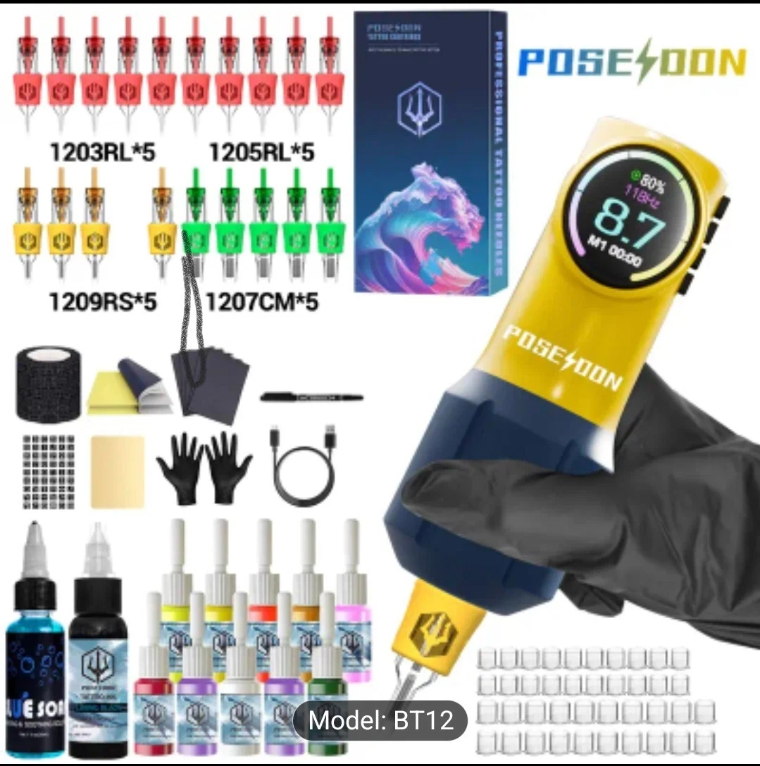 POSEIDON Tattoo Machine Kit Pen Gun Wireless Rotary Motor Color Inks Needle LCD image 1