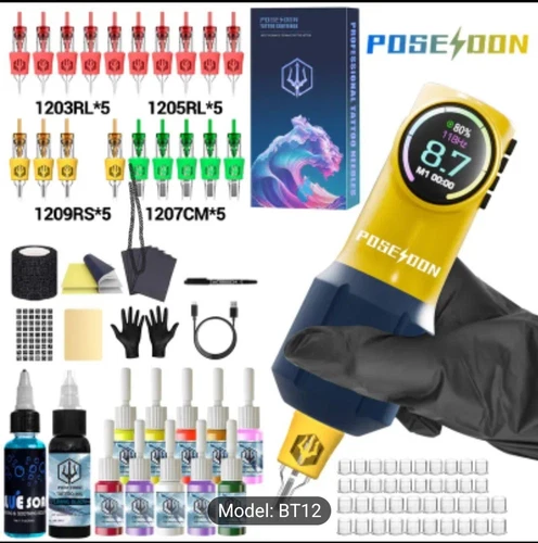 POSEIDON Tattoo Machine Kit Pen Gun Wireless Rotary Motor Color Inks Needle LCD - product listing photo