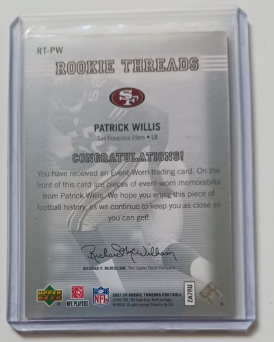 2007 SP Rookie Threads #RT-PW Patrick Willis RC Jersey  - Picture 2 of 2