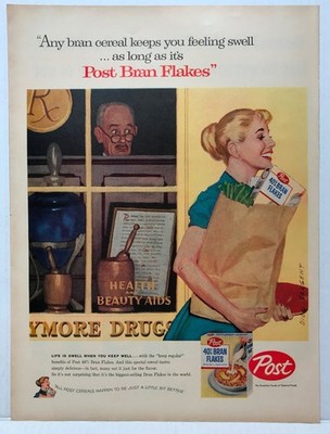 1957 Post 40% Bran Flakes Looks Like She Is Feeling Swell VINTAGE PRINT AD LM57