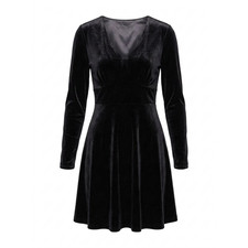 Halara Velvet Mini Dress Black XS NWT Skater Fit Flare Formal Goth Long Sleeve