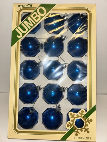 15 Vintage Pyramid Shiny Blue Glass Christmas Tree Ball Ornaments in Box 2.5” - Picture 1 of 13