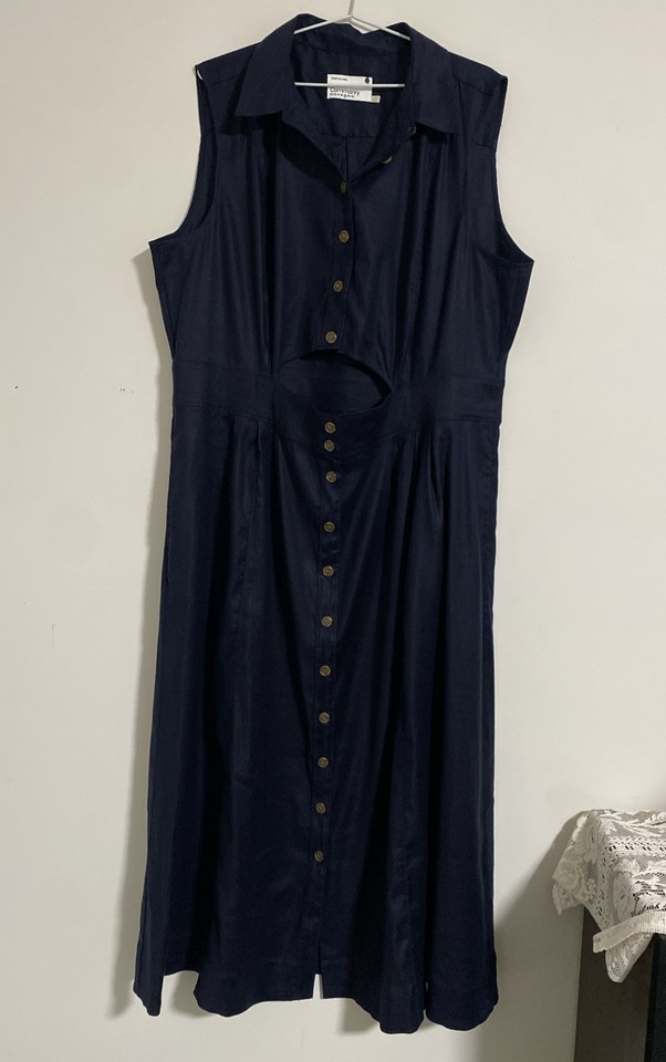 Commonry Shirt Dress Women’s Size 18 Navy Blue Linen Maxi Pockets Cut Out