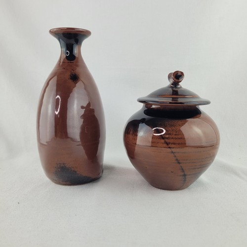 Tenmoku Glazed Studio Porcelain Pottery Vase & Lidded Jar Set Brown Black Signed - Picture 4 of 24