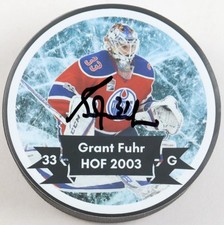 Grant Fuhr Signed/Autographed Edmonton Oilers Hall of Fame  Hockey Puck (AWM)COA