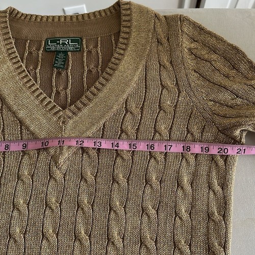 VTG Ralph Lauren Active Women's Cable Knit Sweater Long Sleeve Gold Metallic L - Picture 7 of 8