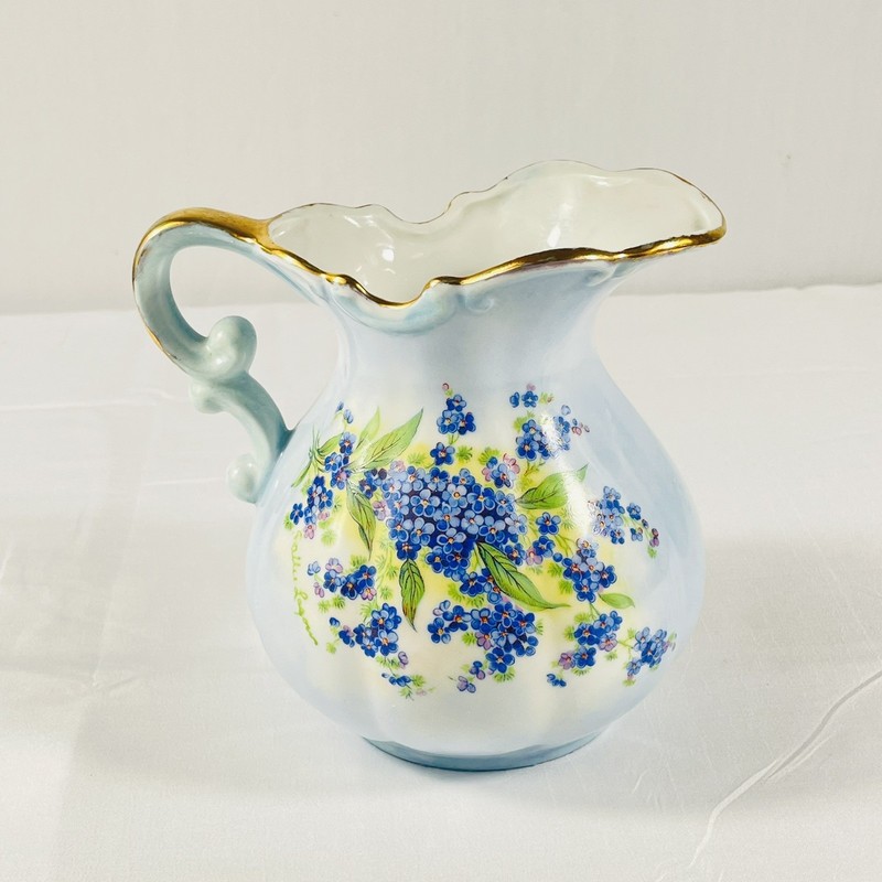 Vintage Hand painted Blue Floral Flowers Porcelain China 6” Pitcher Gold Trim