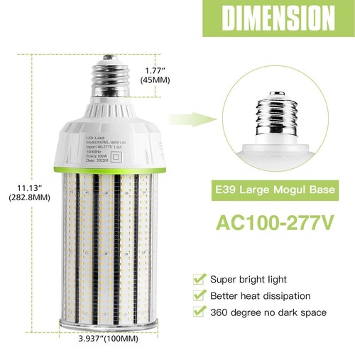 100 Watt LED Corn Light 5000K Cob Bulb Equiv. 400W MH/HPS High Bay Lamp E39 Base - Picture 3 of 10