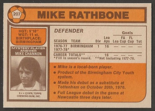 TOPPS-FOOTBALL (ORANGE BACK 1978)-#207- BIRMINGHAM - MIKE RATHBONE - Picture 2 of 2