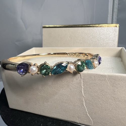 New In Box Anne Klein Multi Color Crystal Pearl Gold Tone Hinged Bangle Bracelet - Picture 3 of 5