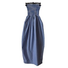 Modern Citizen Strapless Blue Stripe Smocked Midi Dress XS 100% Cotton Pockets