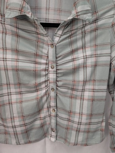 No Comment Stretchy Plaid Button Up Top, Girls L (14) - Picture 3 of 7