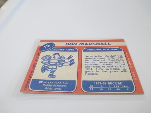 Tarjeta de hockey vintage Topps 1968-69 Don Marshall New York Rangers NHL - Imagen 2 de 2