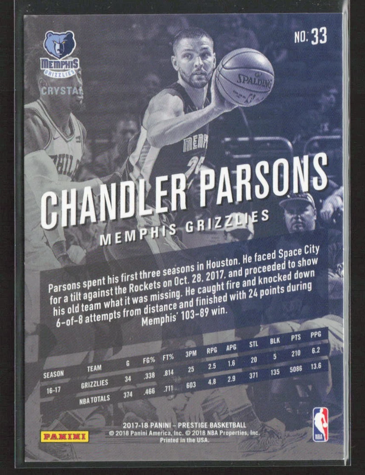 Chandler Parsons 2017-18 Panini Prestige #33 Crystal /199 Memphis Grizzlies - Image 2 of 2