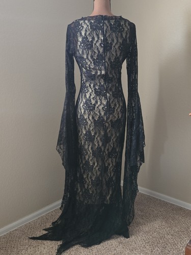 Morticia Wednesday Addams abito fata gotico pizzo scintillante sciarpa manica bodycon sm - Foto 7 di 16