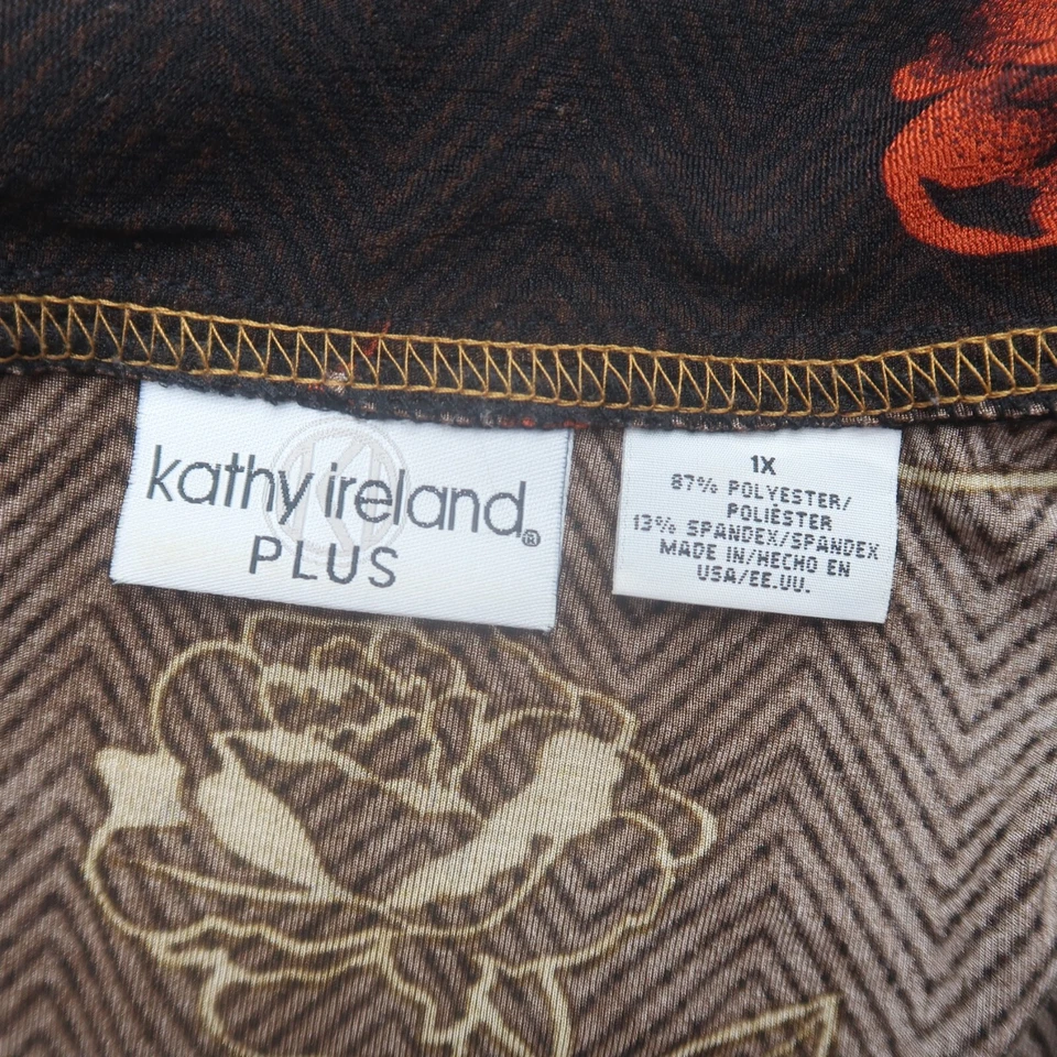 Kathy Ireland Blouse 1X Floral Print Stretch Knit Non Wrinkle V Neck Brown Top - Image 4 of 4