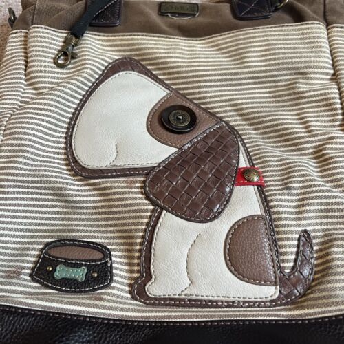 CHALA Brown and White Stripe Lined Canvas Tote Bag Dog with Bowl - Picture 2 of 7