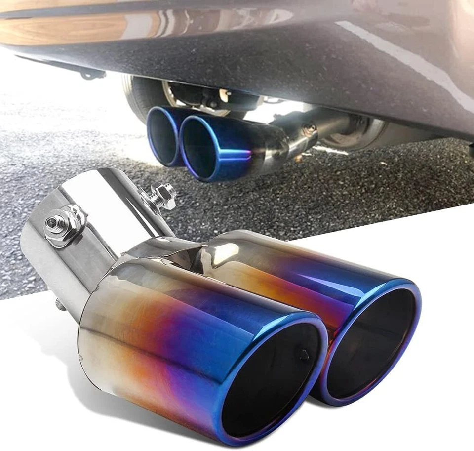 Tubo de escape traseiro duplo ponta silenciador cauda tubo de escape azul parafuso de aço inoxidável EUA - Imagem 3 de 4