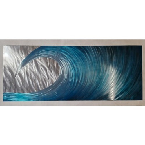 Moderne abstrakte zeitgenössische Metallwandkunst. In der Welle. Blaugrün und Silber - Bild 1 von 3