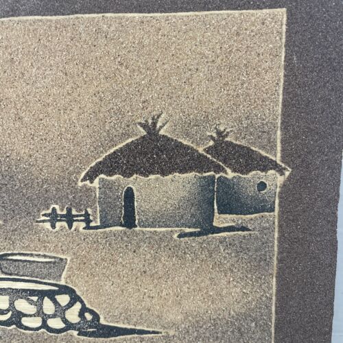 African Sand Painting On Wood Scenic Tribal Village 10x12” Folk Art Vintage - Picture 5 of 10