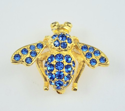 Prendedor vintage firmado por Joan Rivers cristal azul estrás insecto abeja tono dorado - Imagen 3 de 7