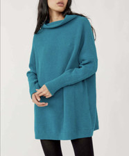 Free People Electric Teal Long Sleeve Ottoman Slouchy Ribbed Tunic Sweater Sz XS