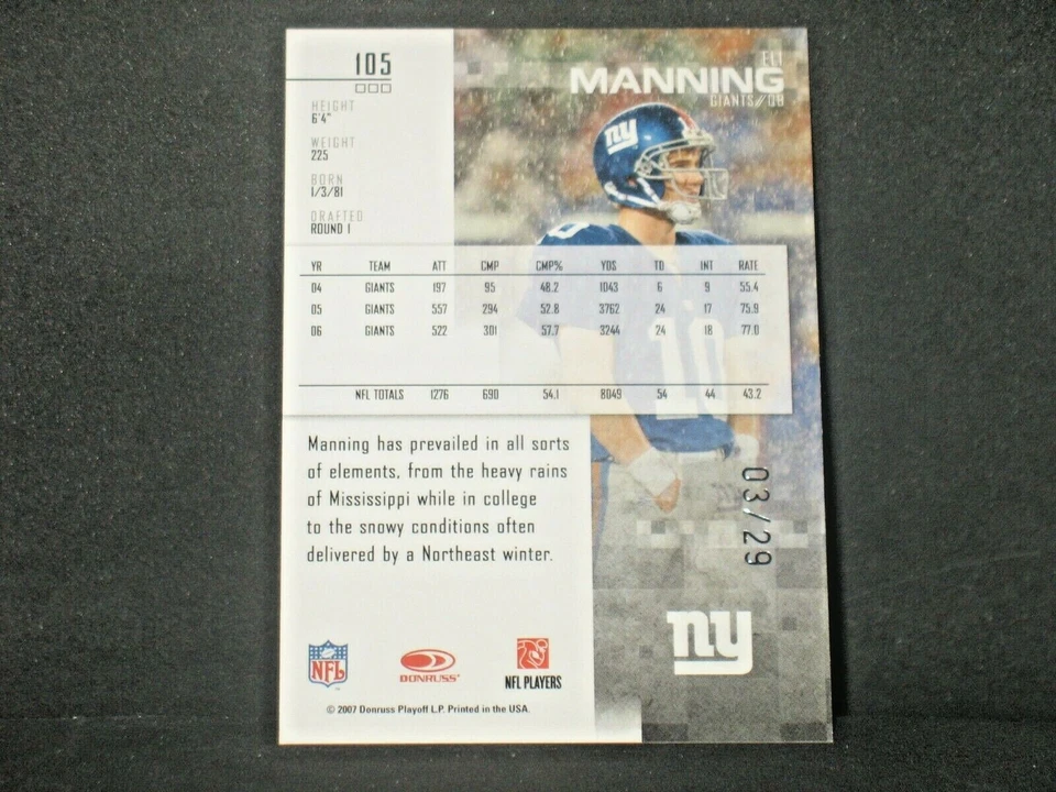 Eli Manning 2007 Leaf Rookies & Stars Longevity Emerald (03/29) New York Giants - Image 2 of 2
