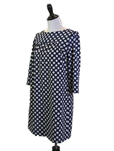 Zara Woman Shift Dress Navy Blue and White Polka Dot 3/4 Sleeve Mod Retro LARGE - Picture 4 of 12