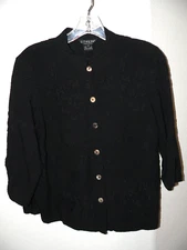 Women's CITRON Santa Monica Size PS Black Jacquard 3/4 Sleeve Button Up Silk Top