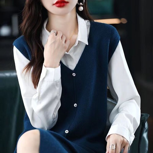 Women Slit Knitted Pullover Top Sleeveless Midi V-neck Dress Long Sweater Vest - Picture 5 of 13