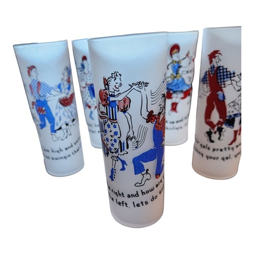 Vintage Lot of 6 Square Dance Frosted Hillbilly Dance TUMBLERS Federal Glass Co - Picture 4 of 11