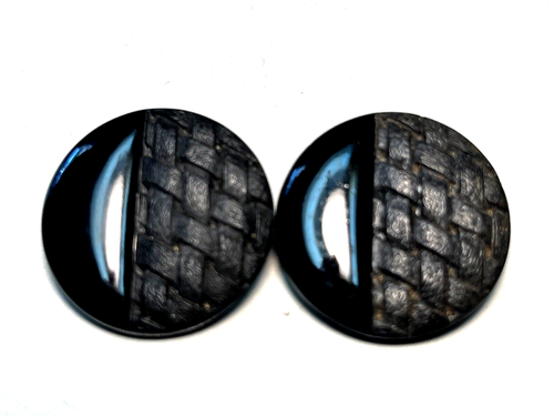 Lot of 2 Black LACY Weave Glass Antique BUTTONS Nice Faux Fabric Style Large 1"+ - Picture 2 of 3