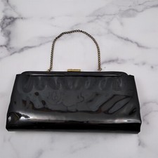 Vintage Ladies Cocktail Evening Handbag Purse Glossy Black Hand Clutch and Chain