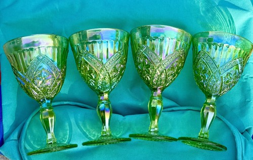Vintage Indiana Flower Lime Green Carnival Glass Pitcher With 4 Matching Goblets - Picture 12 of 24