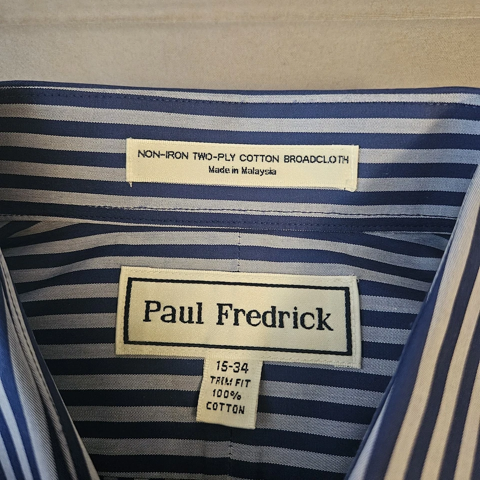 Camisa Paul Fredrick Para Hombre 15.5 34 Blanco y Azul Ajuste Manga Larga Rayas Foto 4 de 4