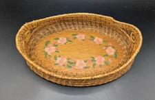 Pine Needle Basket Wood Base Handpainted Pink Flowers Vintage EUC