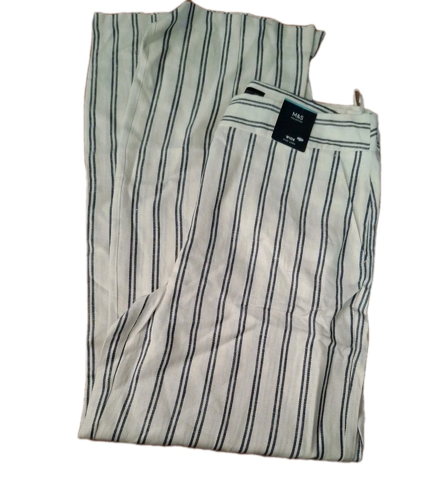 New M&S COLLECTION Ivory Mix Pure Linen Wide Leg Trousers Size 14 Long