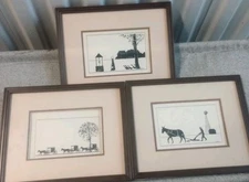 3 Vintage Art Prints Amish Horse Buggy Plow Well Primitive Framed Wall Art 