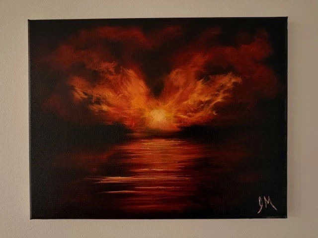 Bob Ross Style original oil painting signed: "Fiery Sky over Black Ocean" - Image 4 of 4