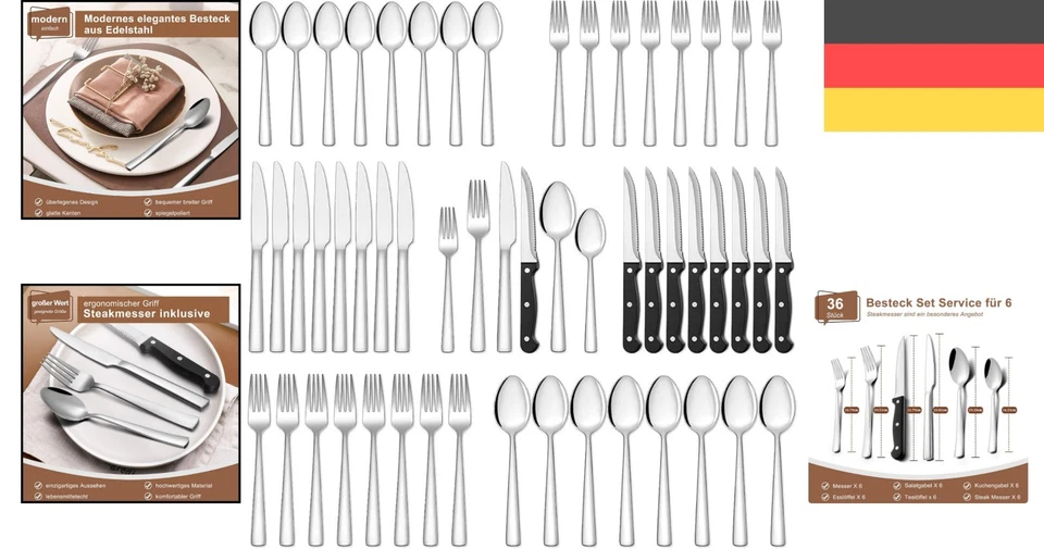 36 teiliges Edelstahl Besteckset mit Steakmesser, Besteck Set 6 Personen, Ele... - Bild 2 von 4